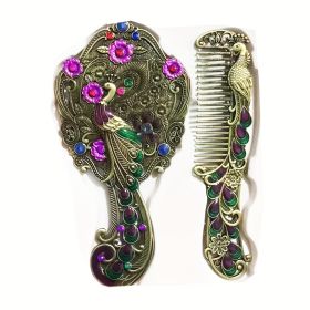 Vintage Handheld Mirror & Antique Comb Set - Perfect Princess Gift for Women & Girls - Portable Makeup Mirror with Decorative Beads (Random Color (Model: Golden Cyen  Bead Random)